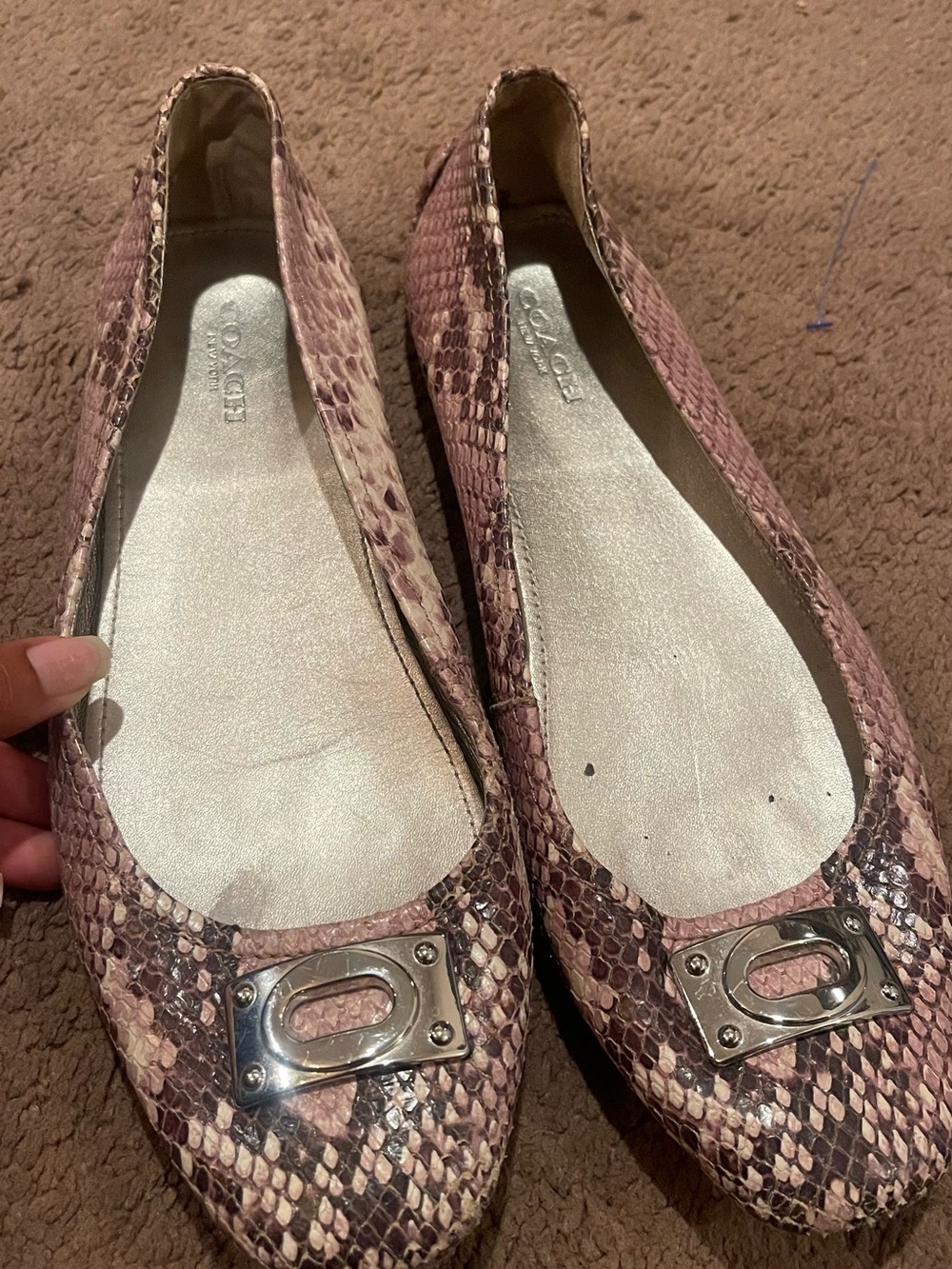 Coach Pink Snake-Print Leather Flats with Silver Hardware